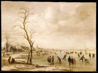 Eine Winterlandschaft mit Stadtbewohnern, die auf einem zugefrorenen Fluss Schlittschuh laufen und Kolf spielen, eine Stadt im Hintergrund