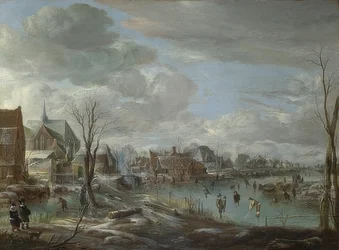 Ein gefrorener Fluss nahe einer Stadt mit Golfspieler und Schlittschuhläufer. Um 1648
