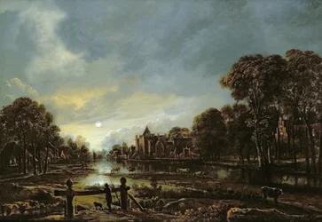 Flusslandschaft im Mondlicht mit Hütten an den bewaldeten Ufern
