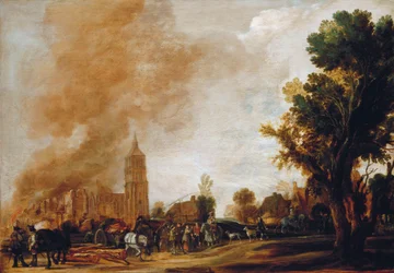 Soldaten verlassen ein brennendes Dorf, 1637