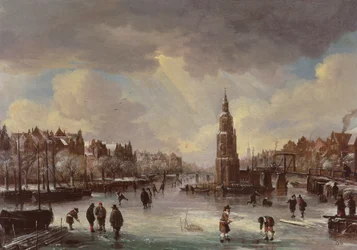 Stadt an einem zugefrorenen Fluss