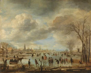 Winterlandschaft in der Nähe einer Stadt mit Kolfspielern und Pferdeschlitten