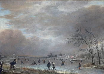 Winterlandschaft mit Schlittschuhläufern auf einem zugefrorenen Fluss
