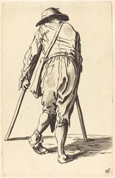 Bettler mit Krücken und Hut, Rückansicht