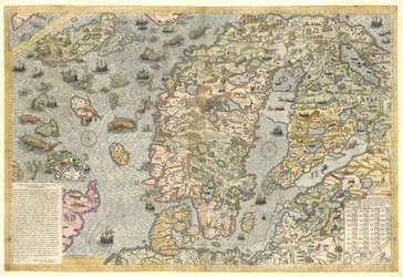 Eine getreue Reproduktion der Carta marina (eine Wandkarte von Skandinavien von Olaus Magnus, veröffentlicht 1539)