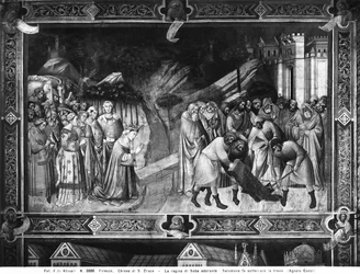 Königin von Saba verehrt das Kreuz und Salomo begräbt einen der Balken des Kreuzes