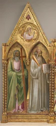 Heiliger Andreas und Heiliger Benedikt mit dem Erzengel Gabriel (linkes Panel)