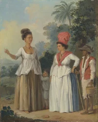 Nicht weiße westindische Frauen mit einem Kind und einem Schwarzen Diener