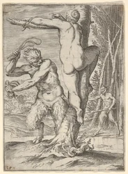 Satyr, der eine von hinten dargestellte und an einen Baum gefesselte Nymphe auspeitscht, ein zweiter Satyr..., um 1590-95