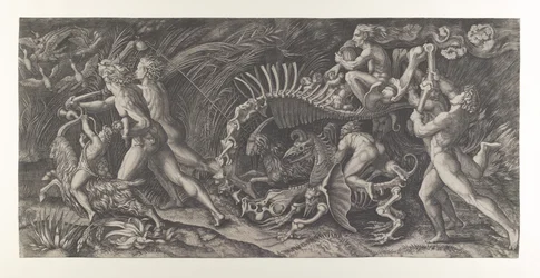 Lo Stregozzo: eine weibliche Hexe reitet auf einem Tierskelett, gefolgt von zwei Männern, ca. 1515-25