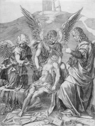 Der Leib Christi, unterstützt von drei Engeln, 1516