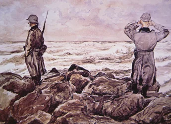 Zwei Deutsche an der Küste Frankreichs blicken am Vorabend der Normandie-Kampagne nach England