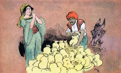 Ali Baba zeigt seiner Frau die Goldsäcke. Illustration von Albert Robida für Ali Baba und die vierzig Räuber, 1945, Privatsammlung