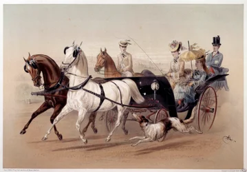Ein Victoria-Wagen und die Pferde von Tarbes (Druck von Albert Adam, 19. Jahrhundert, Paris, Musée Carnavalet)
