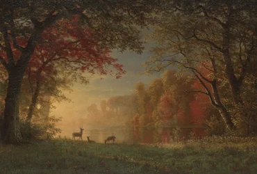 Indianischer Sonnenuntergang: Hirsche an einem See, ca. 1880-90