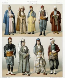 Türkische Kostüme des 19. Jahrhunderts. Illustration in „Le costume historique“ von Racinet