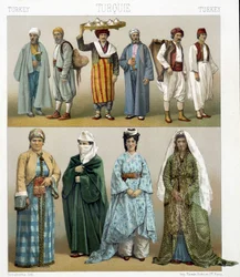 Türkische Kostüme des 19. Jahrhunderts. Illustration in „Le costume historique“ von Racinet