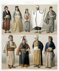 Türkische Kostüme des 19. Jahrhunderts. Illustration in „Le costume historique“ von Racinet