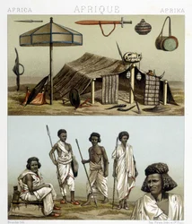 Lager und traditionelle Kleidung aus Nubien. Illustration in „Le costume historique“ von Racinet