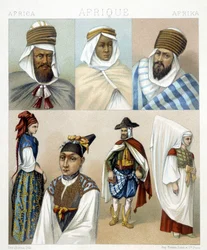 Kostüme und Frisuren aus Algerien. Illustration in „Le costume historique“ von Racinet
