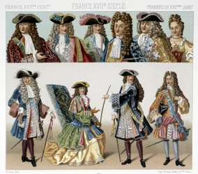 Kostüme und Frisuren des französischen Adels im 18. Jahrhundert. Illustration in „Le costume historique“ von Racinet