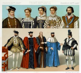 Kostüme von Adligen und Magistraten in Frankreich im 17. Jahrhundert. Chromolithographische Platte - in „Le costume historique“ von Racinet