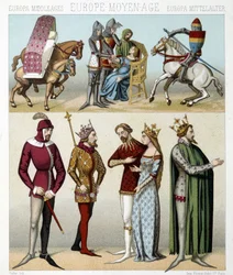 Kostüme des Mittelalters in Frankreich. Illustration in „Le costume historique“ von Racinet