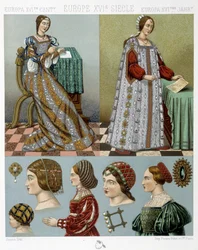 Mode und Frisuren in Europa im 16. Jahrhundert - in „The historical costume“ von Racinet, Ende des 19. Jahrhunderts