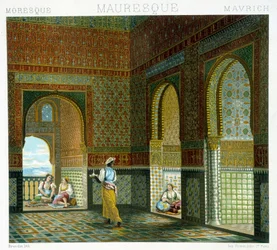 Innenraum eines maurischen Hauses (Alhambra, Saal des Segens). Chromolithografische Tafel - in „Le costume historique“ von Racinet
