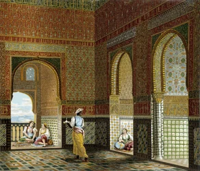 Innenraum eines maurischen Hauses (Alhambra, Raum des Segens). Chromolithographische Platte - in „Le costume historique“ von Racinet