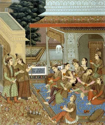 Innenraum eines Hauses in Indien mit vielen Frauen - in „Le costume historique“ von Racinet