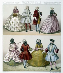 Männer und Frauen in modischen Kostümen des 18. Jahrhunderts in Frankreich. Illustration in „Le costume historique“ von Racinet