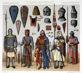 Militärische Kostüme und Helme in Frankreich vom 13. bis 15. Jahrhundert. Illustration in „Le costume historique“ von Racinet