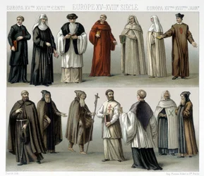 Mönchstrachten in Europa vom 15. bis zum 18. Jahrhundert. Illustration in „Die historische Tracht“ von Racinet