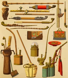 Pfeife und Gegenstände, die von Rauchern verwendet werden, Lithographie von Schmidt aus 