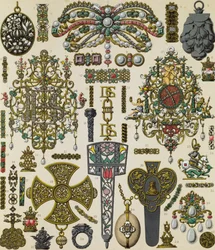 Schmuck des 17. Jahrhunderts, Lithographie von Schmidt veröffentlicht in Le costume historique, Band V
