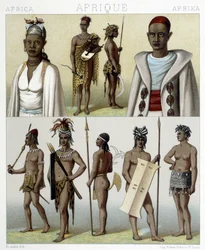 Traditionelle Kostüme und Schmuck aus Timbuktu und Oberer Nil. Illustration in „Le costume historique“ von Racinet