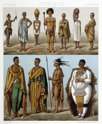 Verschiedene Männer aus dem südlichen Afrika. Illustration in „Le costume historique“ von Racinet