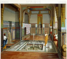 Frau und ihre Dienerin neben einem Brunnen in einem Haus in Kairo (Ägypten). Chromolithographische Platte - in „Le costume historique“ von Racinet