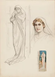 Aino Ackté als Alcestis, Skizze des Gesichts und zwei Ganzkörperskizzen