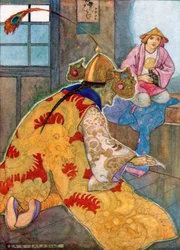 Aladdin nahm die Lampe und rieb sie. Der Dschinn erschien sofort und fragte, was von ihm verlangt wurde