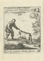 Landschaft mit Mann und Schaf