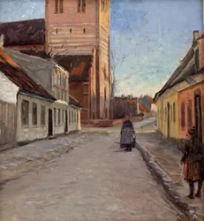 Straße in Køge mit Nicolai-Kirche links