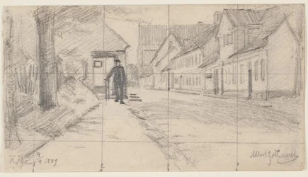 Straße in Køge mit gehendem Mann