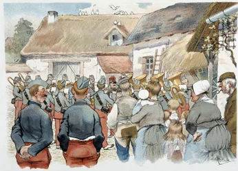 Militärkapelle in einem Dorf - in „Military Album“ von Albert Guillaume (1873-1942), ca. 1900