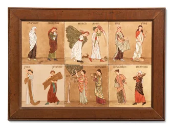 Sechs Minton Hollis & Co Fliesen, die die Monate darstellen, ca. 1880-99