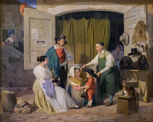 Römische Bauern kaufen einen Hut für ihren kleinen Sohn, der ein Abbate werden soll