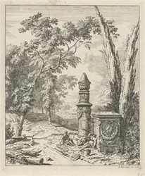 Landschaft mit ruhenden Figuren bei einem Grabmonument (Landschaften)