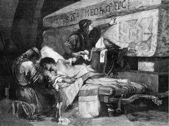 Der letzte Moment von Chlodobert (oder Clodebert, gestorben 580). „Fredegonde und Chilperic I. legten ihren Sohn auf eine Bahre in der Nähe des Grabes von Saint Medard, aber der Kranke fiel in Agonie...“ Gravur nach dem Gemälde von Albert Maignan (1845-190