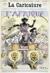 Karikatur über den Kolonialismus in Afrika „Großes Auspacken afrikanischer Kolonialneuheiten, wählen Sie! Ein ganzer Kontinent zu teilen, große Gelegenheiten, Scheiben von Kongo, Stücke von Guinea“ von Robida - in „La Caricature“ vom 05.02.1887